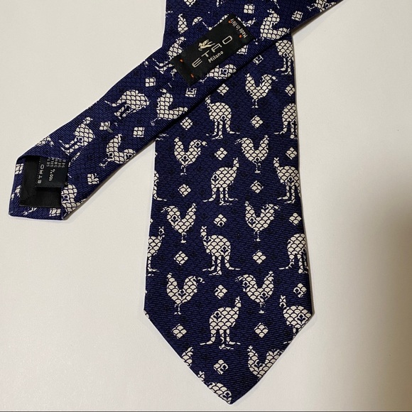 ETRO Signature Rooster Kangaroo Tie Blue White new - Picture 6 of 6